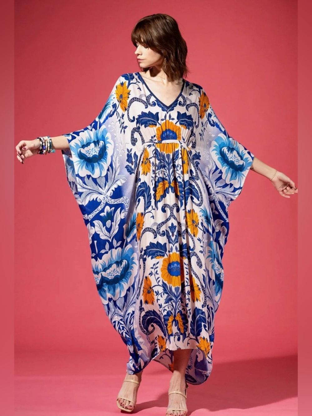 Mazerine Zinnia Flowing Floral Caftan Dress in Blue and Yellow